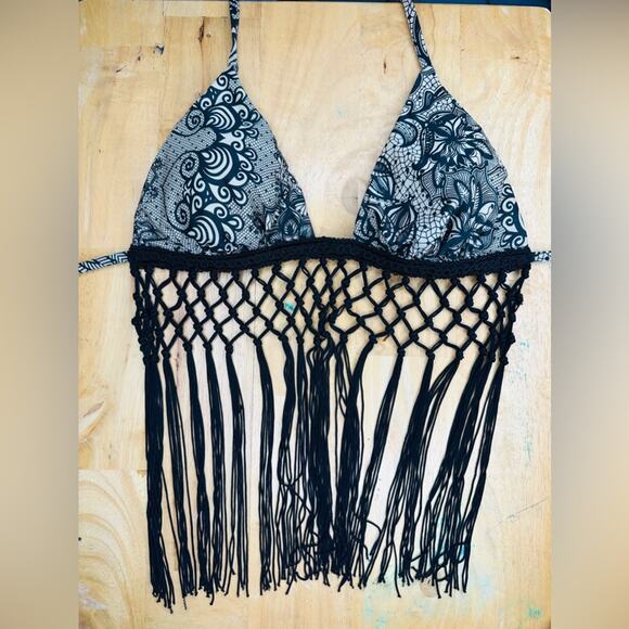 Sky BRAILLEN Fringe Sexy Tassle Bikini Top Nude & Black Paisley XS Fit - Picture 5 of 5